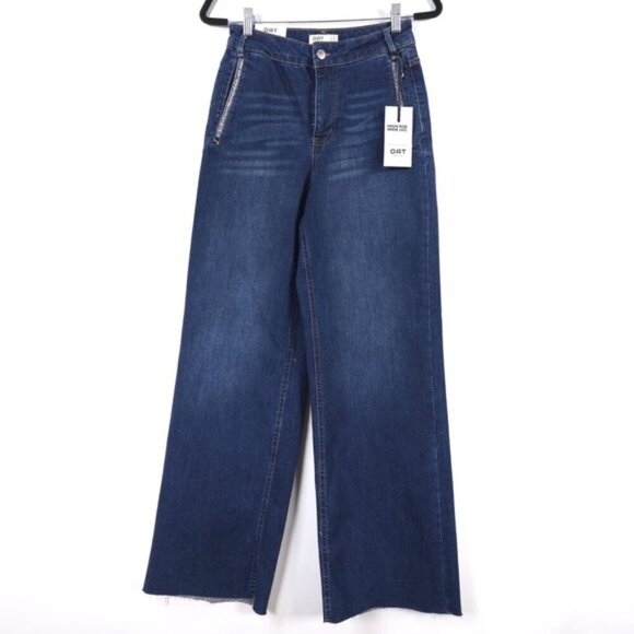 Oat New York Denim - NWT OAT‎ NEW YORK High Rise Wide Leg Rhinestone Pocket Detail Raw Hem Jeans